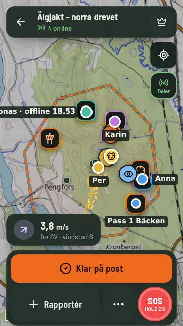 Live-kort med poster, holdkammerater og hund