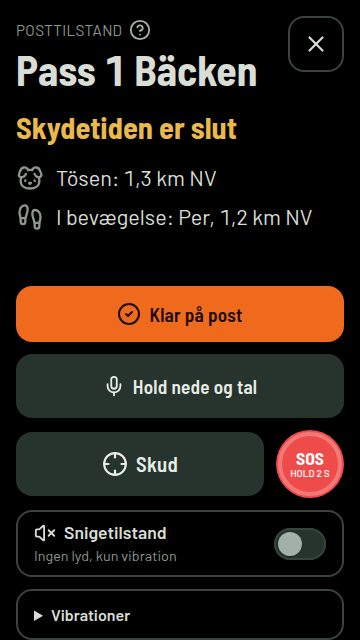 Posttilstand: sort skærm med skydetid og nærmeste hund