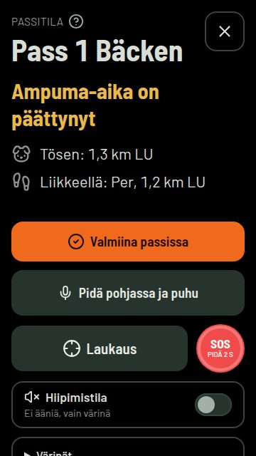 Passitila: musta näyttö, jossa ampuma-aika ja lähin koira