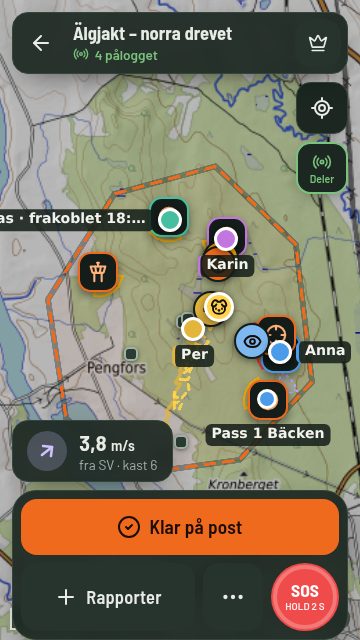 Live-kart med poster, lagkamerater og hund