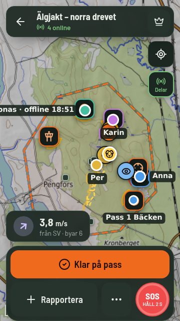 Live-karta med pass, lagkamrater och hund